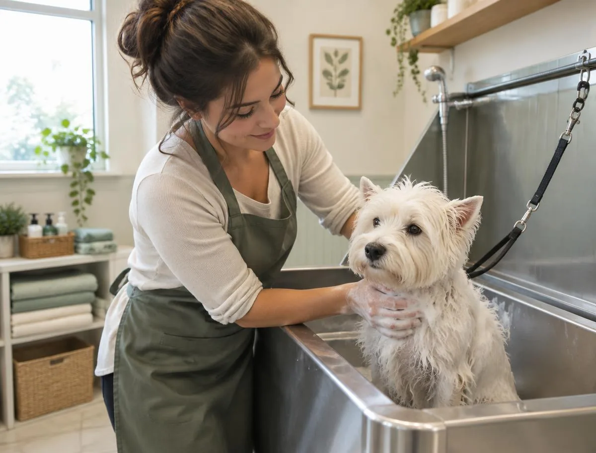 Small white Terrier being gently bathed by a professional groomer