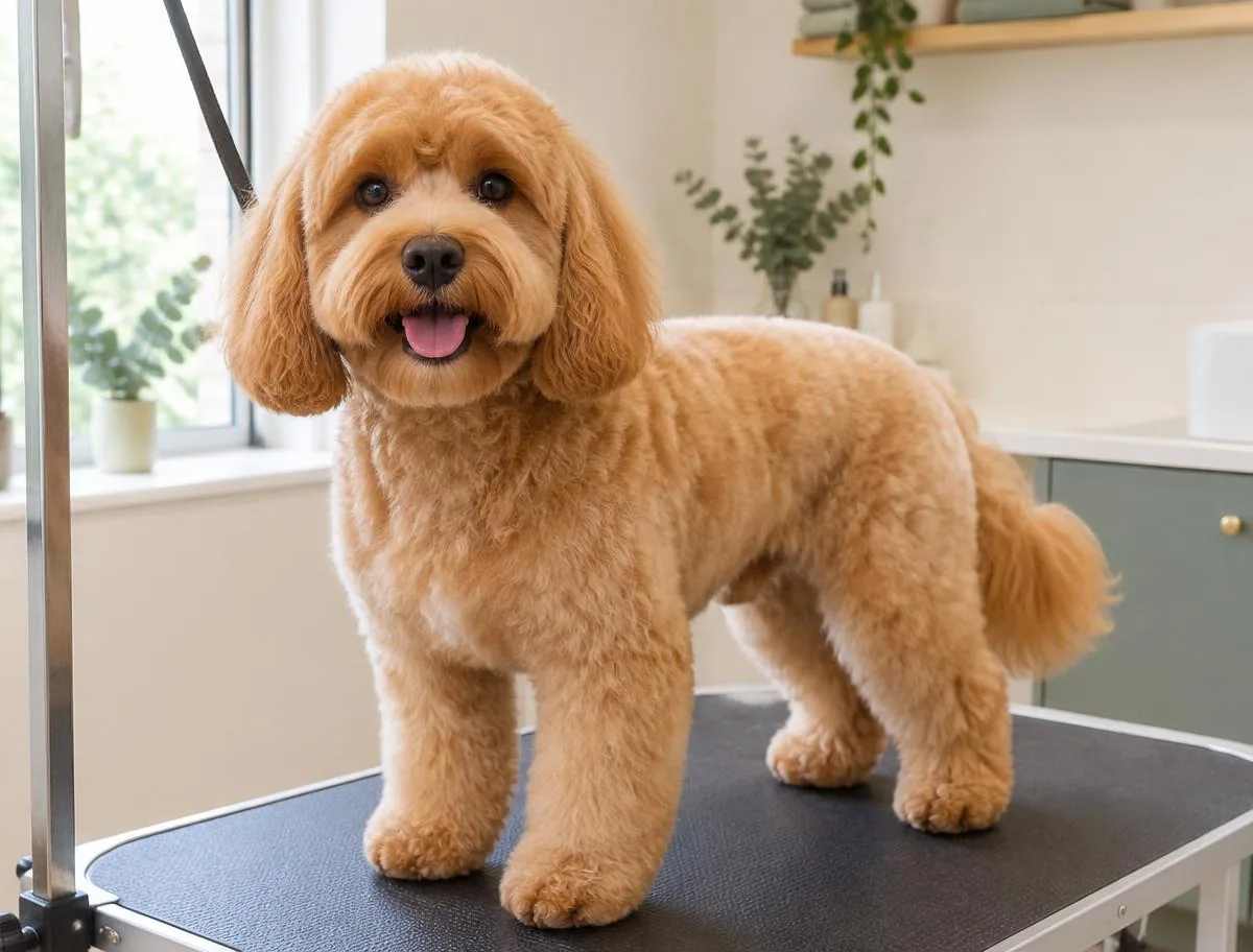 Freshly groomed apricot Cavoodle with a soft rounded trim