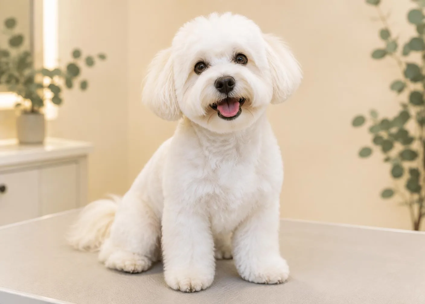 Happy freshly groomed white dog ready to go home