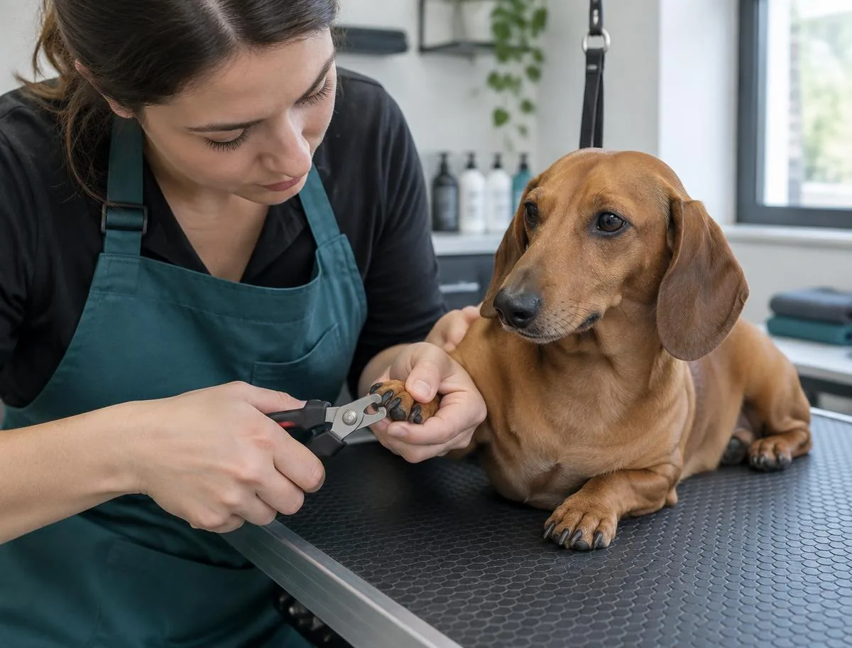 Dachshund calmly having its nails trimmed