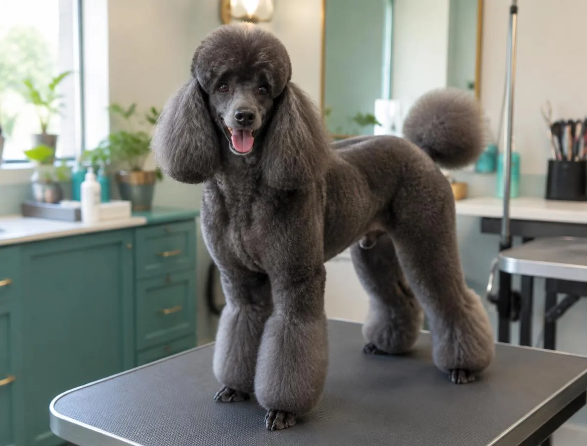 Charcoal Poodle standing after a neat modern groom
