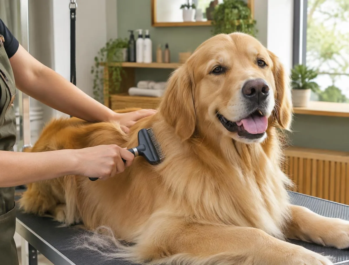 Golden Retriever receiving a gentle deshedding brush treatment