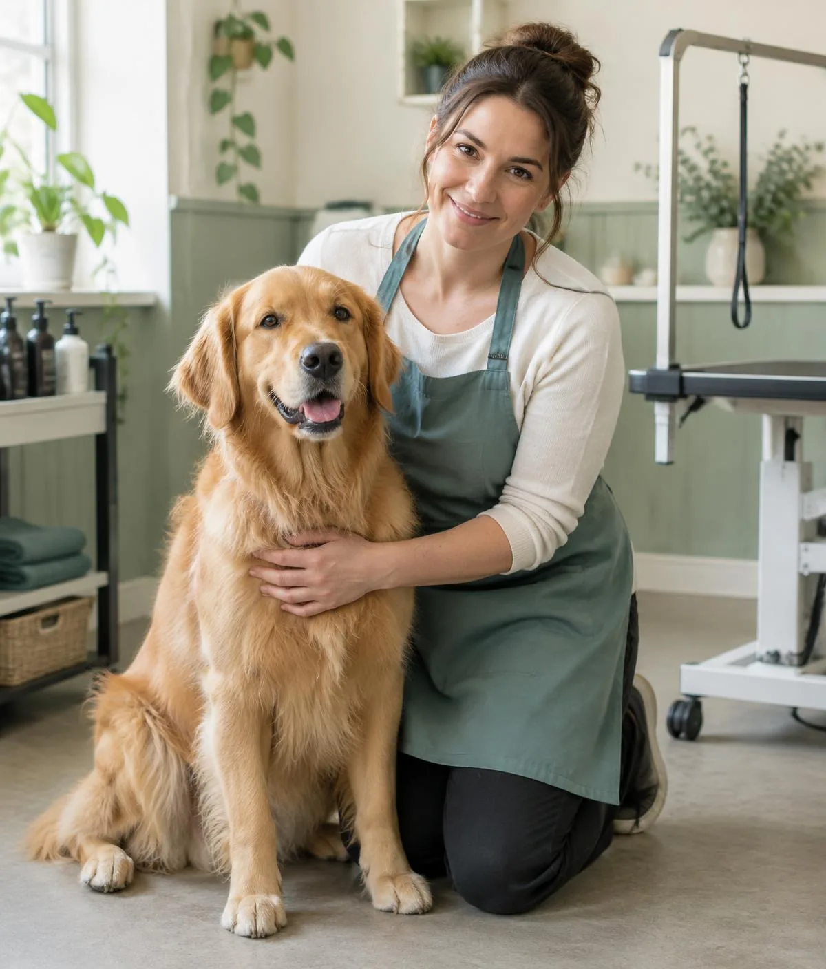 Groomer kneeling warmly beside a relaxed Golden Retriever