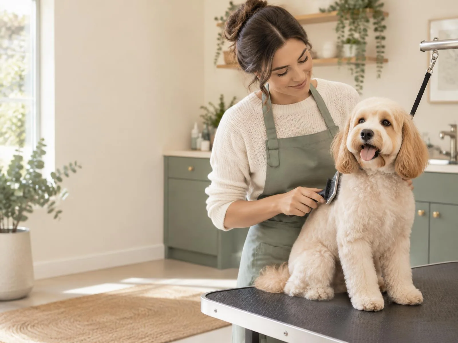 Groomer gently brushing a happy cream Cavoodle in a clean salon